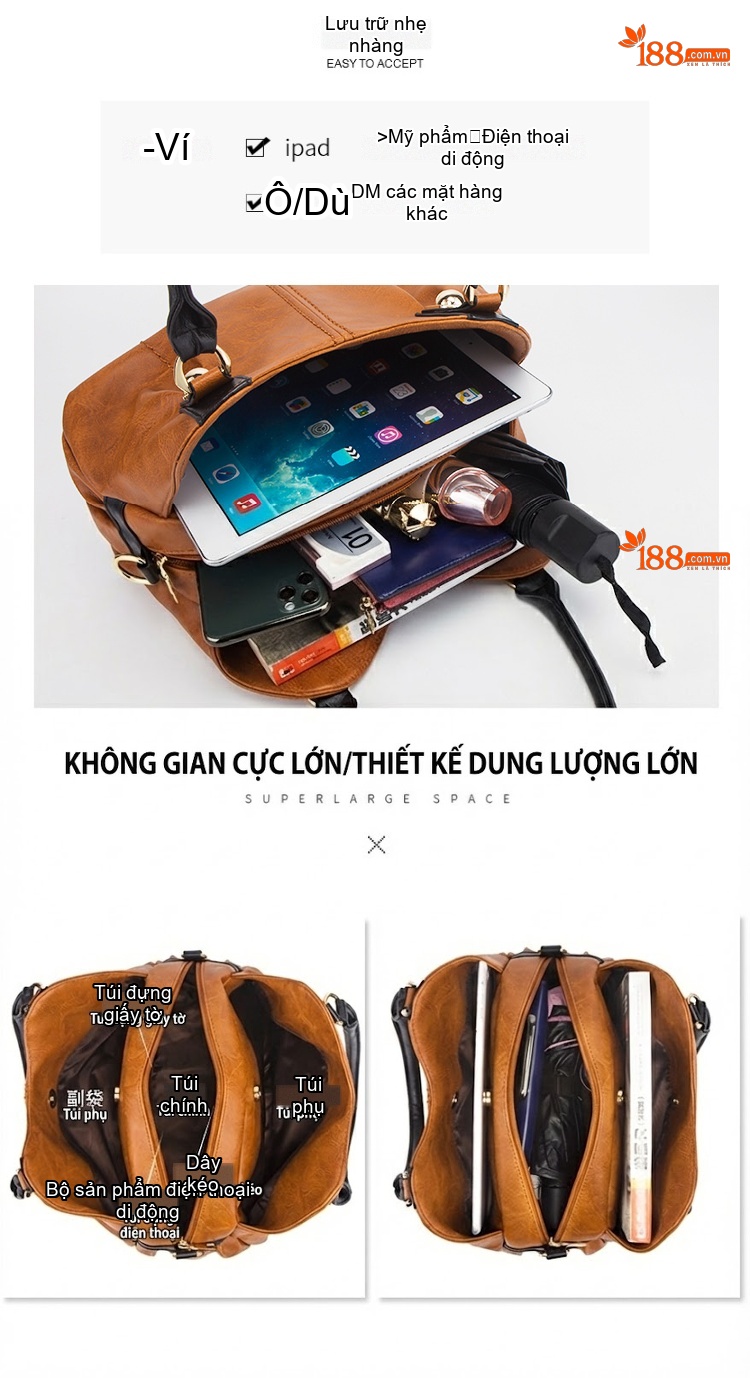 Bộ Túi Xách Nữ Da Bóng Vintage 3 Món Phong Cách Âu Mỹ Màu Đen, Nâu, Xanh Rêu chi tiết 10