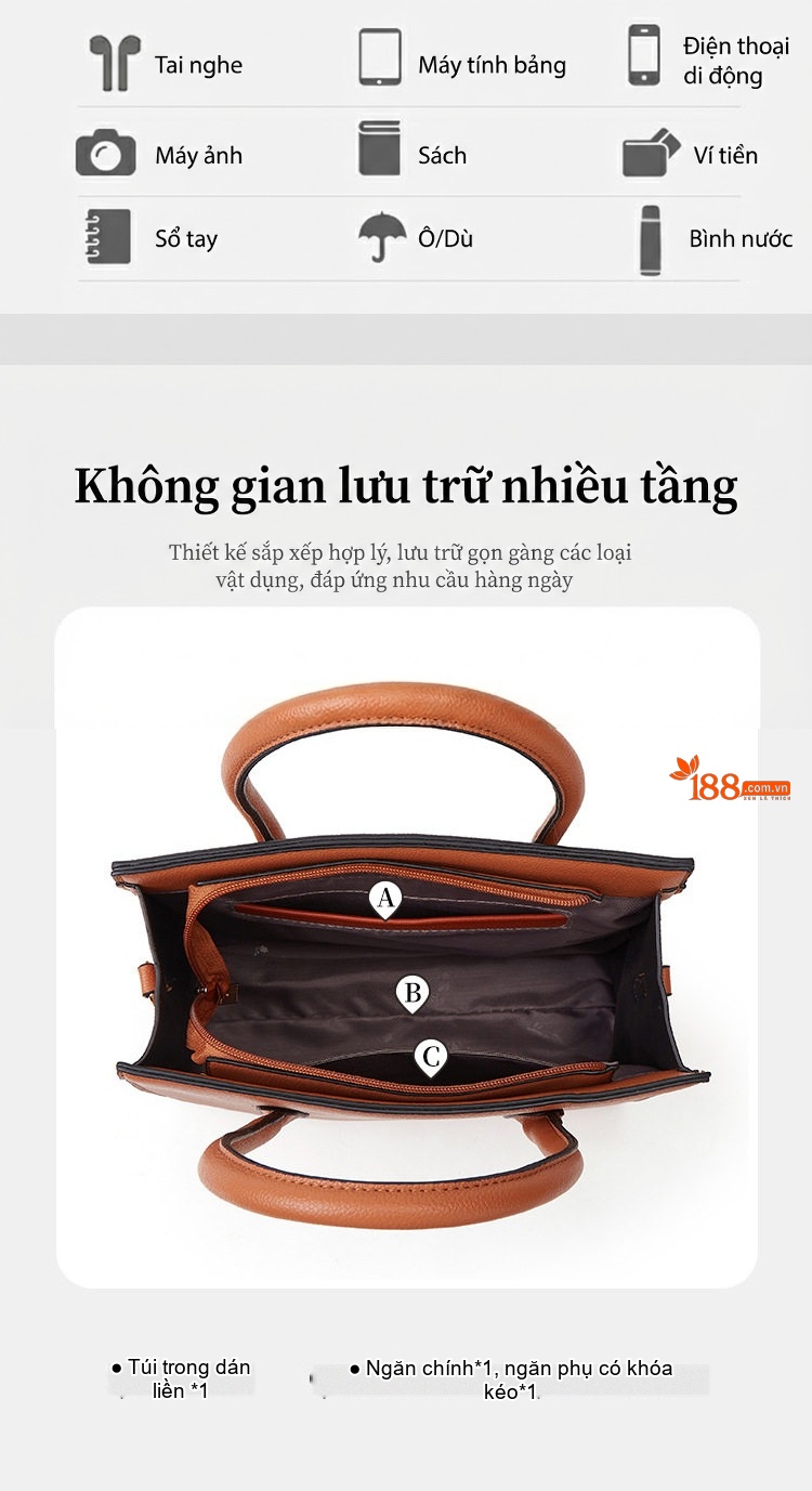 Bộ Túi Xách Nữ Đa Năng 3 Món Họa Tiết Dập Nổi Da Bóng Màu Đen, Nâu, Đỏ, Xanh Navy... chi tiết 4