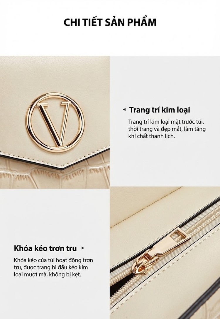 Bộ Túi Xách Nữ Da Vân Cá Sấu Lớn 3 Món Đeo Vai, Đeo Chéo Màu Kem, Hồng, Đen chi tiết 9