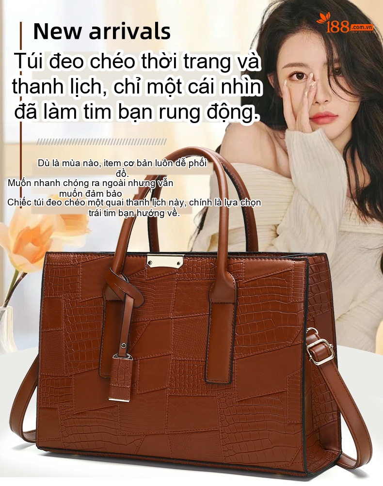 Bộ Túi Xách Nữ Đeo Vai, Đeo Chéo, Xách Tay 3 Chiếc Da Bóng Thời Trang - Nâu, Trắng, Đen chi tiết 1