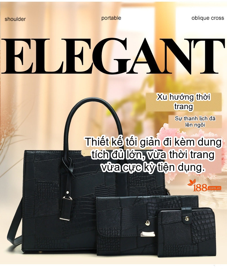 Bộ Túi Xách Nữ Đeo Vai, Đeo Chéo, Xách Tay 3 Chiếc Da Bóng Thời Trang - Nâu, Trắng, Đen chi tiết 2