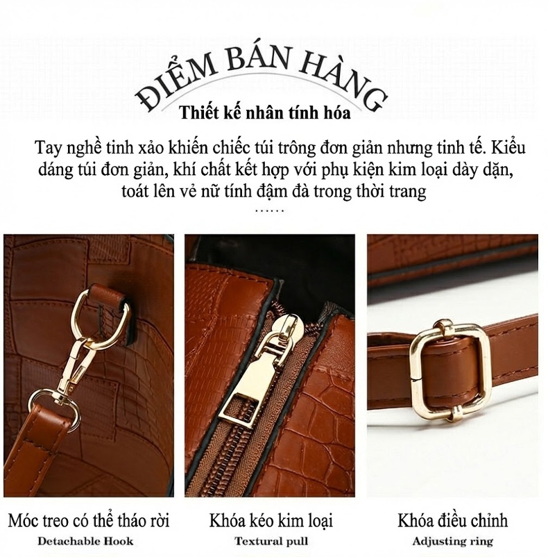 Bộ Túi Xách Nữ Đeo Vai, Đeo Chéo, Xách Tay 3 Chiếc Da Bóng Thời Trang - Nâu, Trắng, Đen chi tiết 3