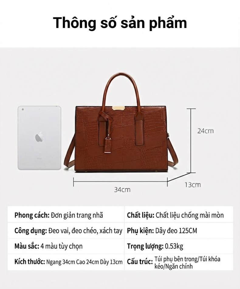 Bộ Túi Xách Nữ Đeo Vai, Đeo Chéo, Xách Tay 3 Chiếc Da Bóng Thời Trang - Nâu, Trắng, Đen chi tiết 15
