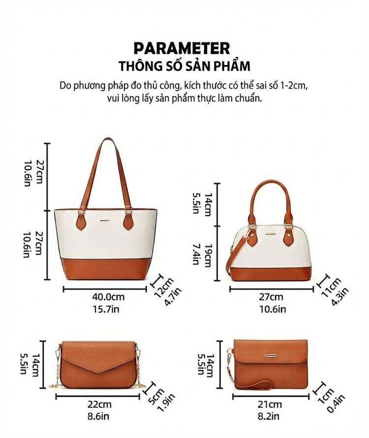 Bộ Túi Xách Nữ Set 4 Món Phong Cách Thời Trang Túi Tote Da Bóng Màu Đen, Nâu, Trắng, Hồng... chi tiết 7