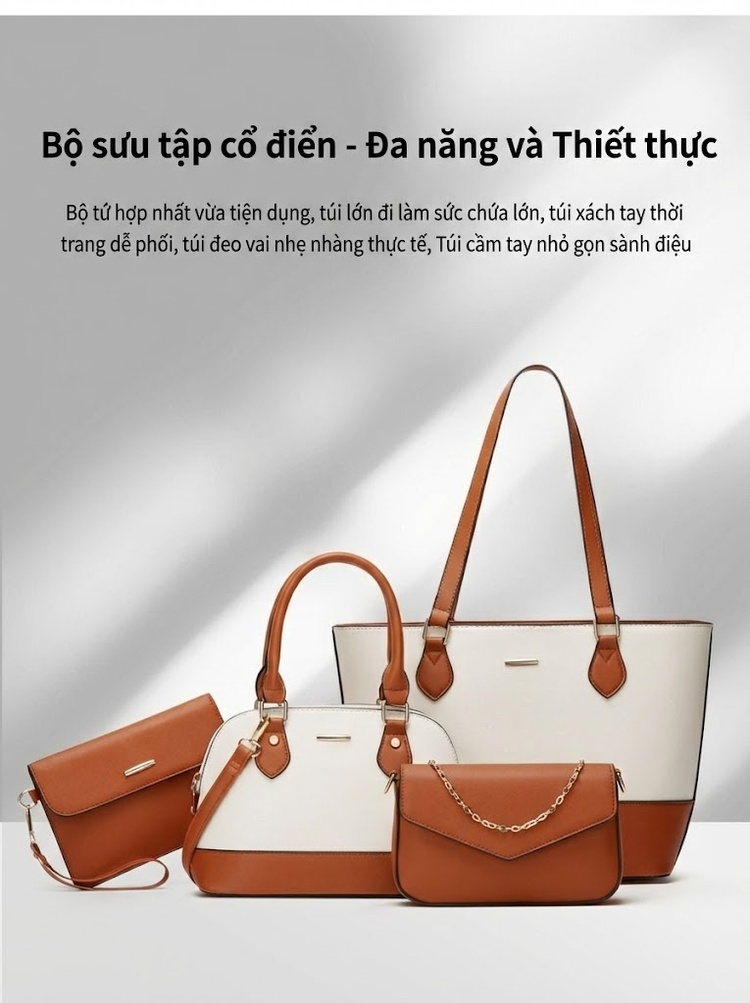 Bộ Túi Xách Nữ Set 4 Món Phong Cách Thời Trang Túi Tote Da Bóng Màu Đen, Nâu, Trắng, Hồng... chi tiết 4
