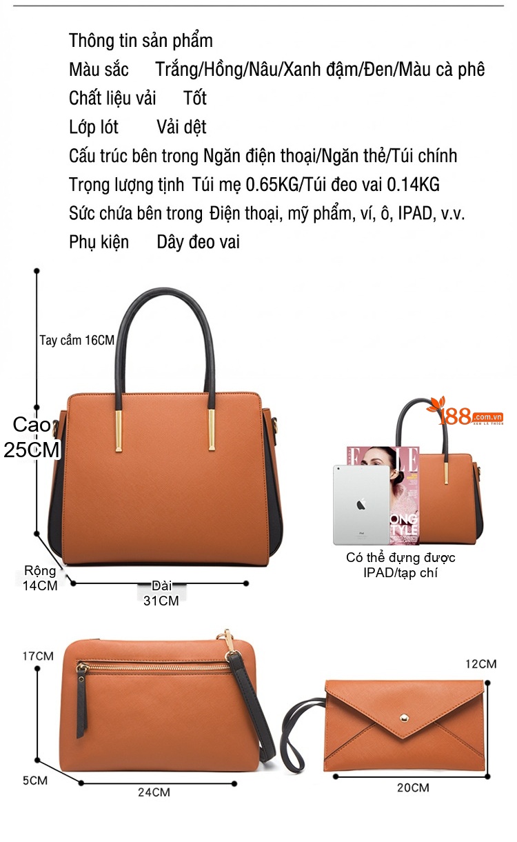 Bộ Túi Xách Nữ Thời Trang 4 Món Da Bóng Đeo Chéo, Đeo Vai, Xách Tay Màu Nâu, Hồng, Be, Đen... chi tiết 33