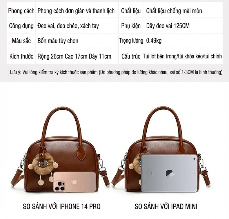 Bộ Túi Xách Tay Nữ Ba Món Kèm Móc Treo Phong Cách Thời Trang Da Bóng Màu Đen, Nâu, Đỏ chi tiết 11