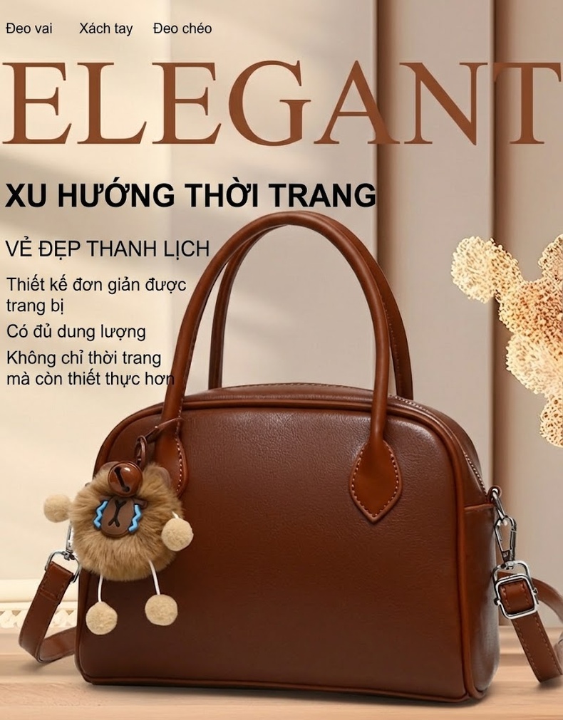Bộ Túi Xách Tay Nữ Ba Món Kèm Móc Treo Phong Cách Thời Trang Da Bóng Màu Đen, Nâu, Đỏ chi tiết 1