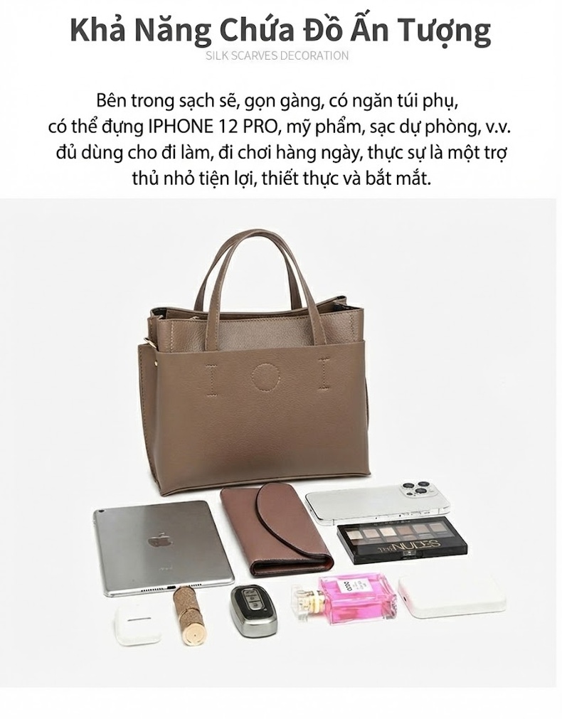 Bộ Túi Xách Tay Nữ Da Bóng Phong Cách Thanh Lịch Màu Nâu, Xanh, Xám, Đen... chi tiết 6