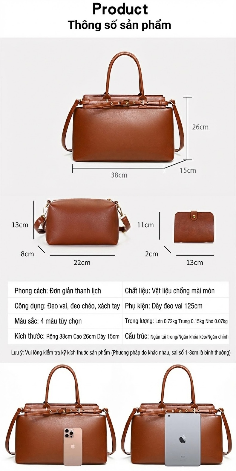 Bộ Túi Xách Tay Nữ Tote Da Mờ Đa Năng 3 Món Màu Đen, Nâu, Đỏ, Nâu Vàng chi tiết 10