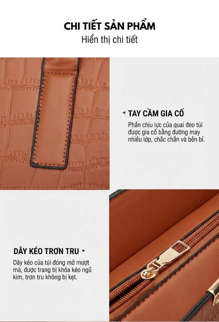 Bộ Túi Xách Tay Nữ Vân Cá Sấu Da Bóng Lớn Gồm 3 Món Màu Nâu chi tiết 11