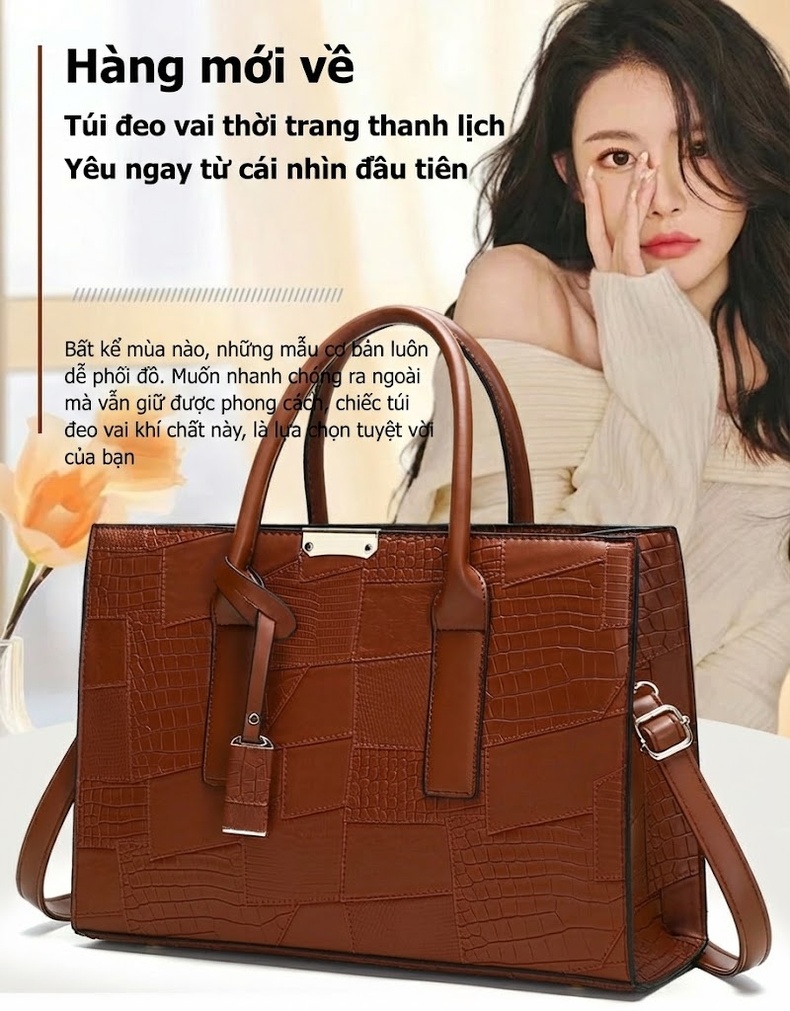 Bộ Túi Xách Tay Nữ Vân Da Thằn Lằn Phong Cách Âu Mỹ Gồm Túi Lớn, Túi Nhỏ, Ví Cầm Tay Màu Đen, Trắng, Nâu, Nâu Đậm chi tiết 1