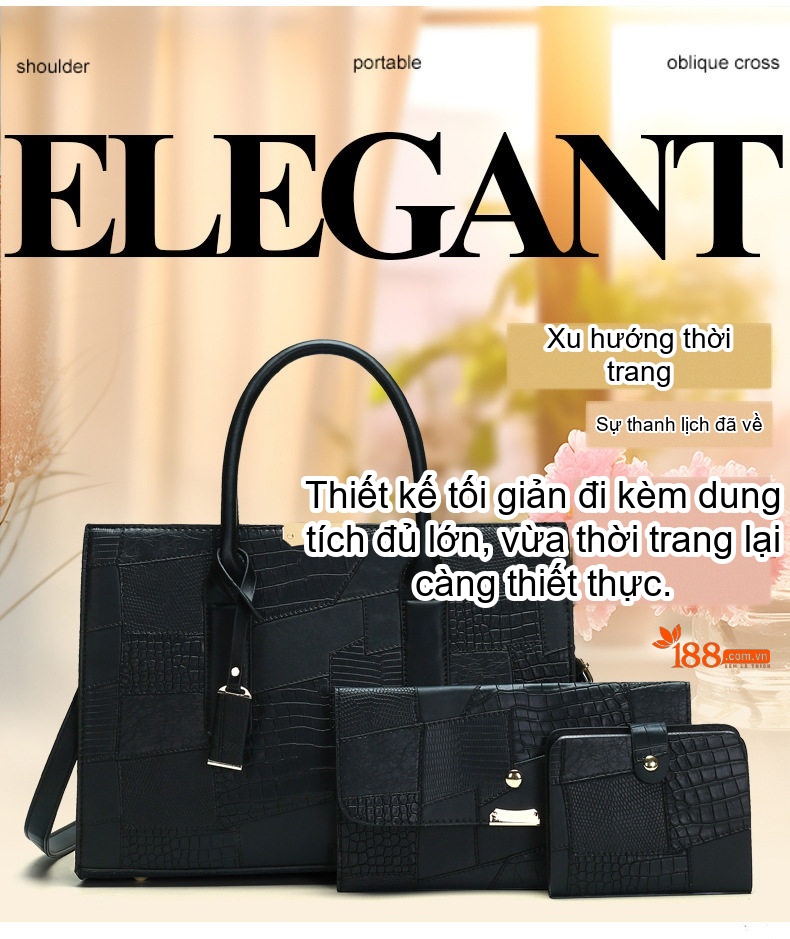 Bộ Túi Xách Tay Nữ Vân Da Thằn Lằn Phong Cách Âu Mỹ Gồm Túi Lớn, Túi Nhỏ, Ví Cầm Tay Màu Đen, Trắng, Nâu, Nâu Đậm chi tiết 2