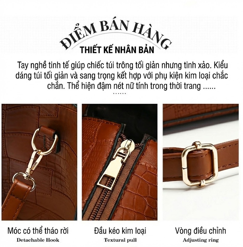 Bộ Túi Xách Tay Nữ Vân Da Thằn Lằn Phong Cách Âu Mỹ Gồm Túi Lớn, Túi Nhỏ, Ví Cầm Tay Màu Đen, Trắng, Nâu, Nâu Đậm chi tiết 3