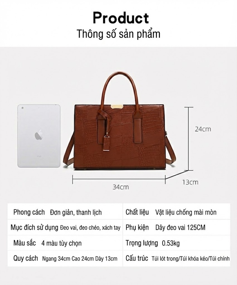 Bộ Túi Xách Tay Nữ Vân Da Thằn Lằn Phong Cách Âu Mỹ Gồm Túi Lớn, Túi Nhỏ, Ví Cầm Tay Màu Đen, Trắng, Nâu, Nâu Đậm chi tiết 15