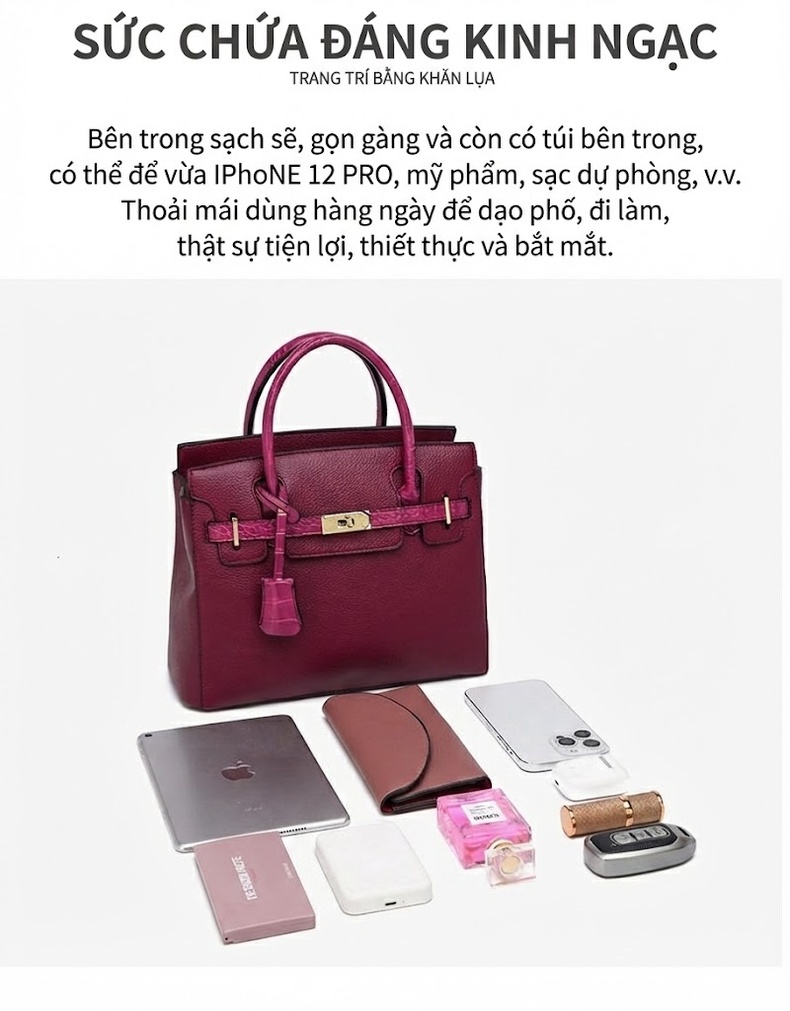 Bộ Túi Xách Tay Nữ & Ví Da Bóng Đeo Vai Phong Cách Thời Trang Màu Đỏ Tía, Xanh Lam, Nâu, Xám chi tiết 6