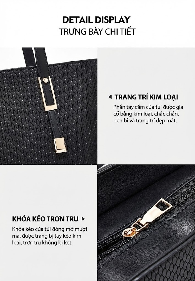 Bộ Túi Xách Tote Nữ Đeo Vai, Đeo Chéo, Xách Tay Da Bóng, Dây Xích Kim Loại Màu Nâu, Xám, Trắng, Đen... chi tiết 18