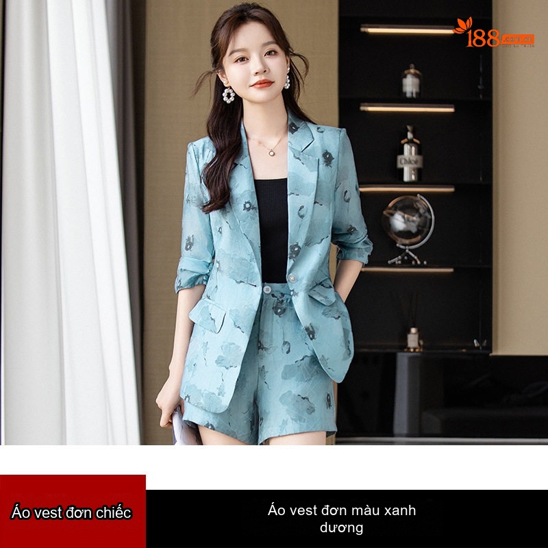 Bộ Vest Blazer Nữ Tay Lỡ In Họa Tiết Thiết Kế Kèm Quần Short Màu Be, Xanh