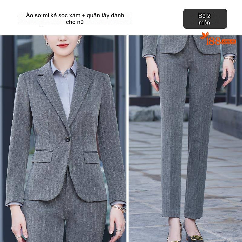 Bộ Vest Công Sở Dài Tay Kẻ Sọc Dáng Ôm Cho Nam và Nữ Màu Xám