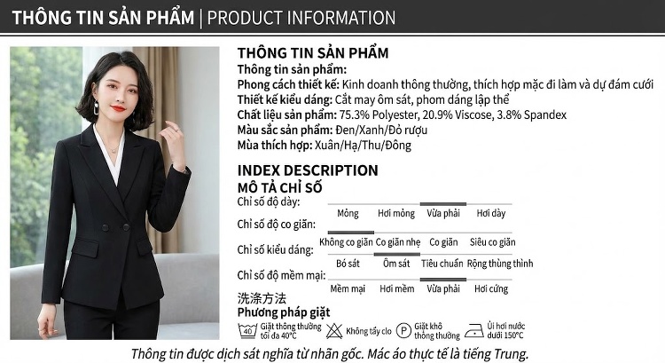 Bộ Vest Công Sở Dài Tay Phong Cách Hàn Quốc Màu Đen, Xanh Dương, Đỏ chi tiết 12