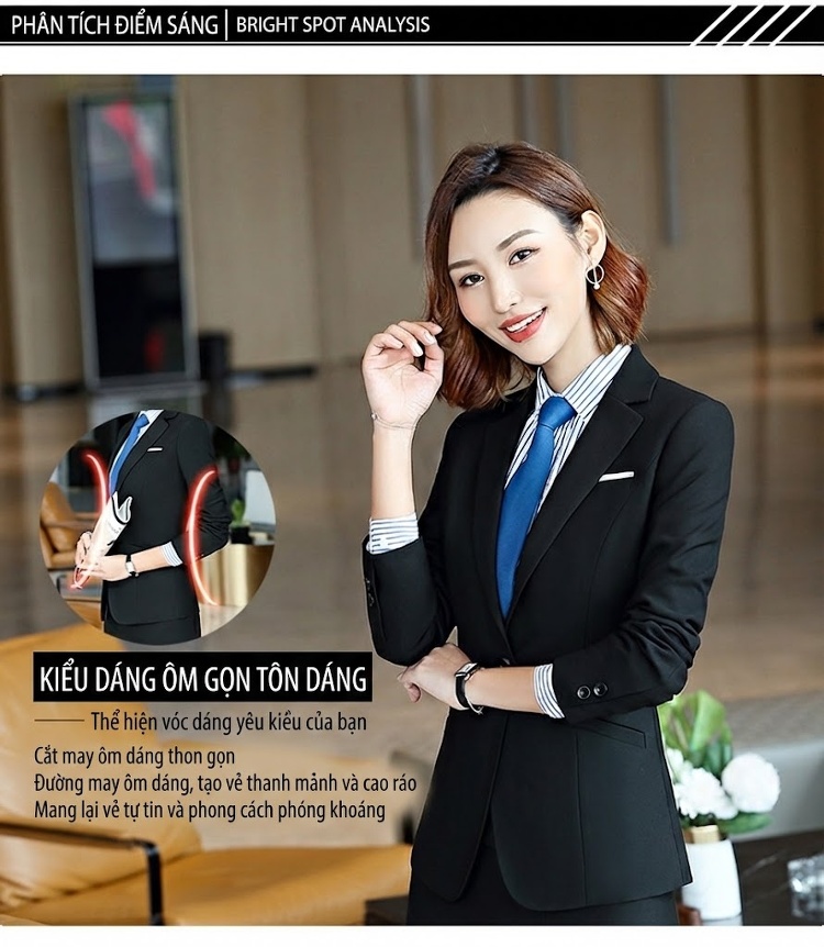 Bộ Vest Công Sở Dài Tay Phong Cách Hàn Quốc Màu Đen, Xanh Dương, Đỏ chi tiết 7