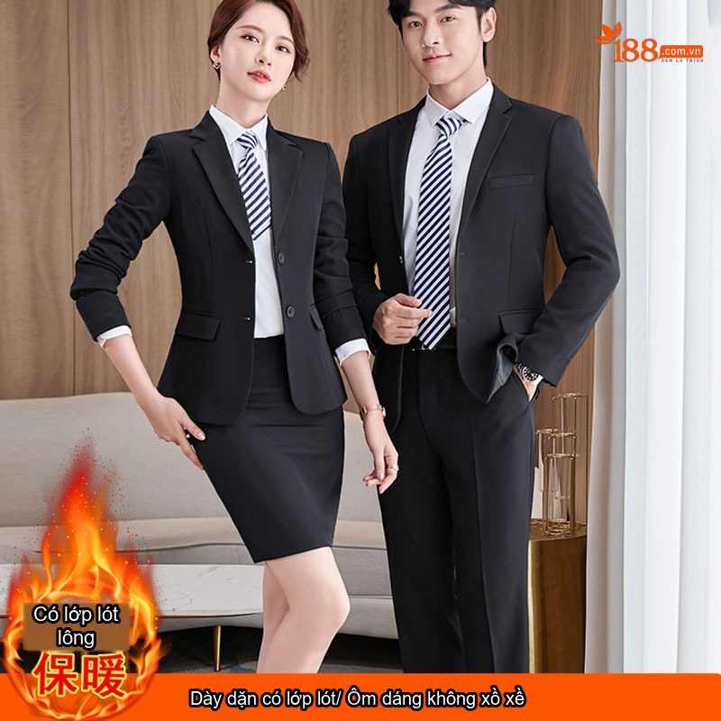 Bộ Vest Công Sở Nam Nữ Dày Dặn Lót Lông Màu Đen, Xanh Navy