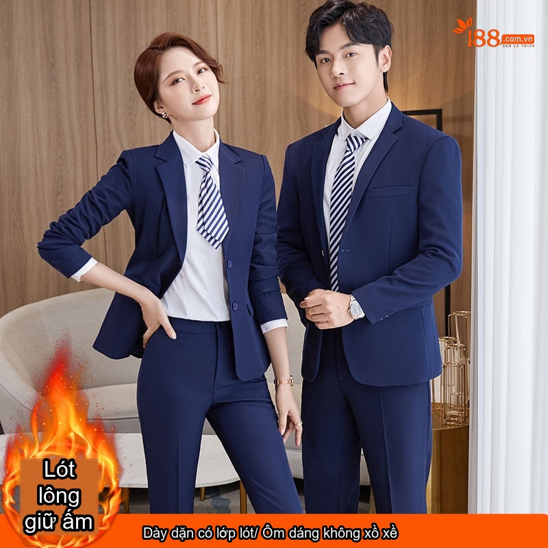 Bộ Vest Công Sở Nam Nữ Dày Dặn Lót Lông Màu Đen, Xanh Navy