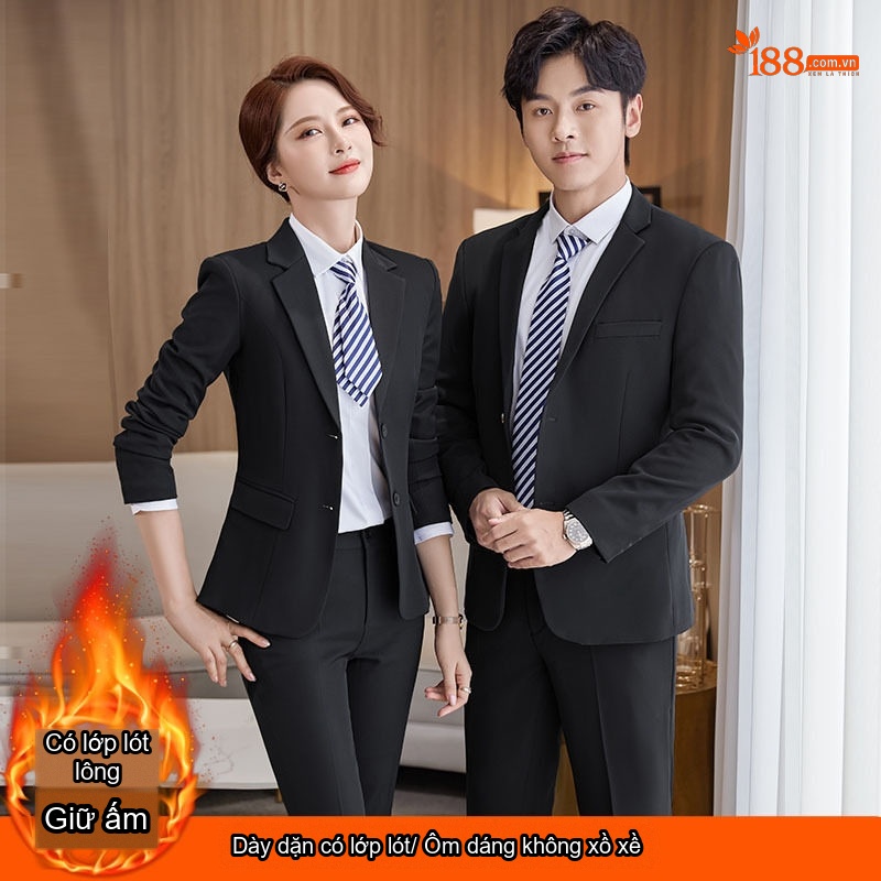 Bộ Vest Công Sở Nam Nữ Dày Dặn Lót Lông Màu Đen, Xanh Navy
