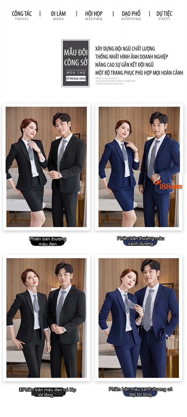 Bộ Vest Công Sở Nam Nữ Dày Dặn Lót Lông Màu Đen, Xanh Navy chi tiết 1
