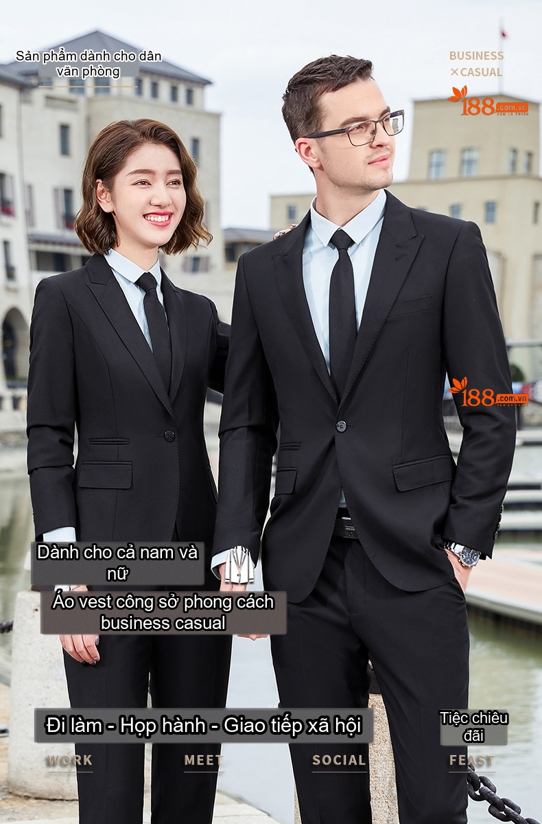 Bộ Vest Công Sở Nam Nữ Quần Dài Tay Dài Màu Đen, Xanh Navy chi tiết 3
