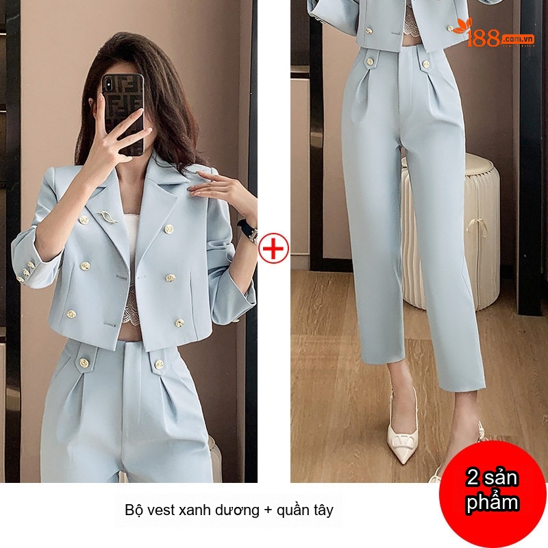 Bộ Vest Công Sở Nữ Dáng Ngắn Quần Dài/Chân Váy Màu Kaki, Đen, Xanh Dương