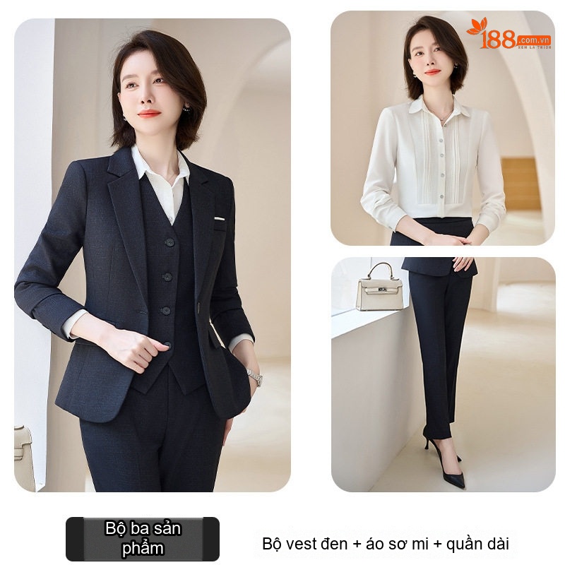 Bộ Vest Công Sở Nữ Dáng Ôm Tay Dài Màu Đen