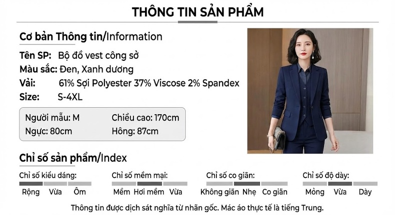 Bộ Vest Công Sở Nữ Dáng Ôm Tay Dài Màu Đen chi tiết 9