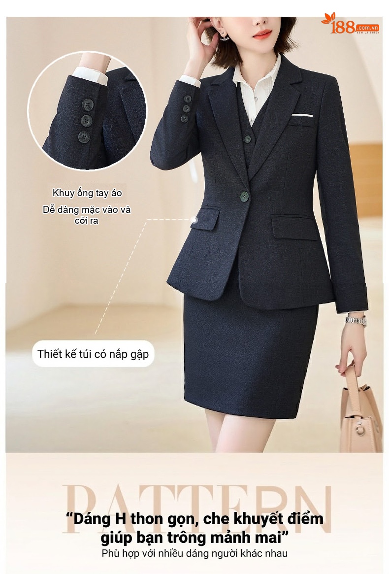 Bộ Vest Công Sở Nữ Dáng Ôm Tay Dài Màu Đen chi tiết 6