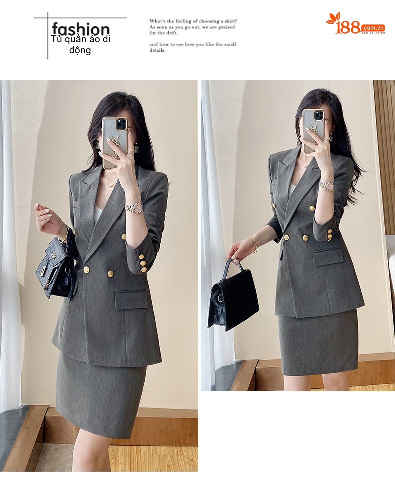 Bộ Vest Công Sở Nữ Dáng Ôm Thanh Lịch Màu Xanh Than, Xám, Trắng, Đen chi tiết 33