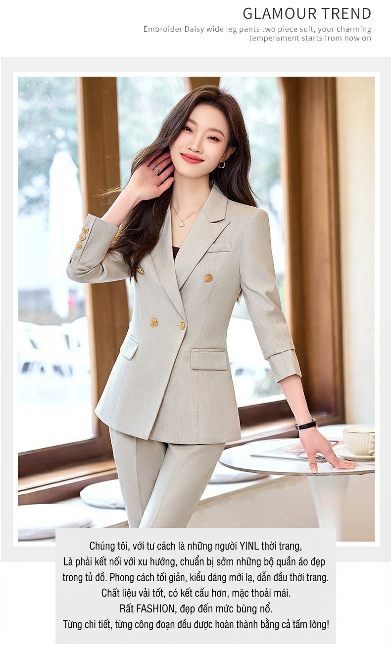 Bộ Vest Công Sở Nữ Dáng Ôm Thanh Lịch Màu Xanh Than, Xám, Trắng, Đen chi tiết 3