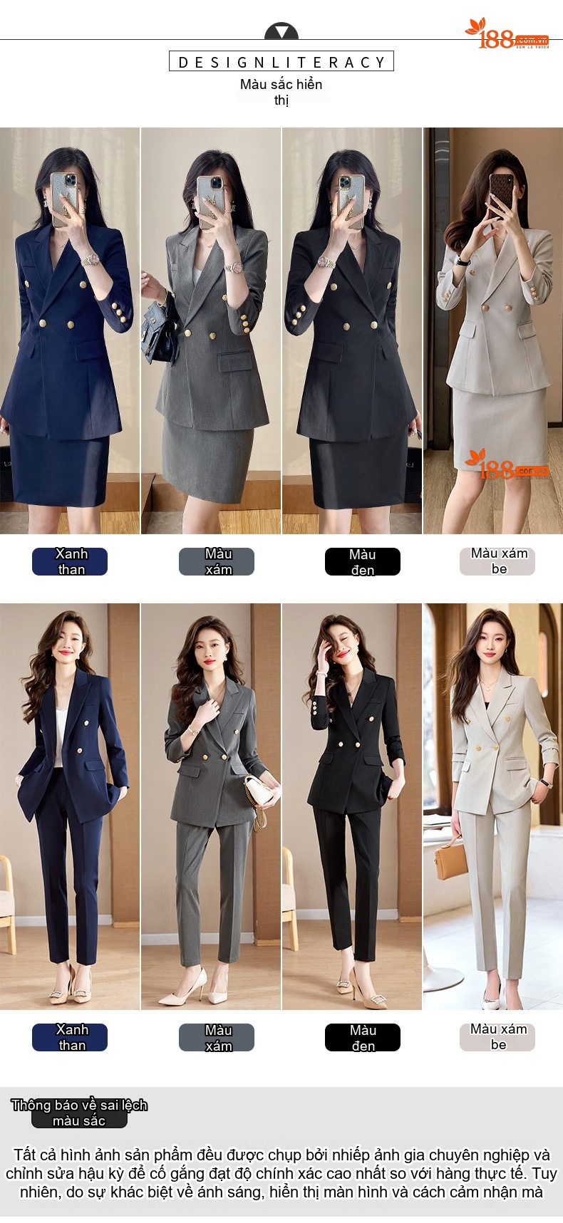 Bộ Vest Công Sở Nữ Dáng Ôm Thanh Lịch Màu Xanh Than, Xám, Trắng, Đen chi tiết 9