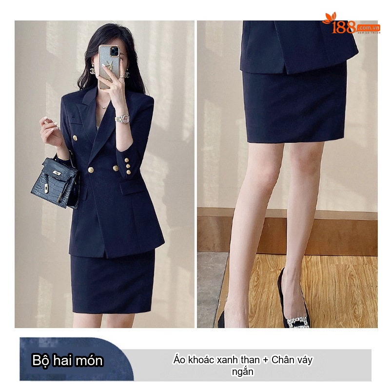 Bộ Vest Công Sở Nữ Dáng Ôm Thanh Lịch Màu Xanh Than, Xám, Trắng, Đen
