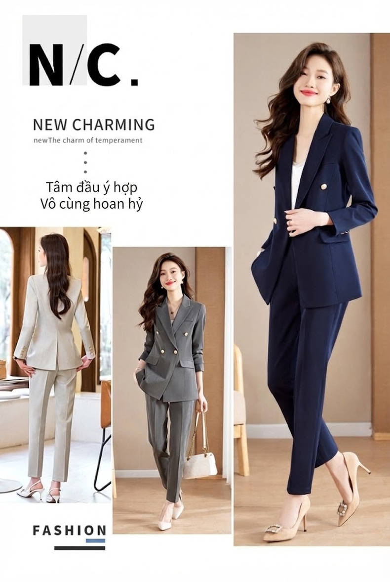 Bộ Vest Công Sở Nữ Dáng Ôm Thanh Lịch Màu Xanh Than, Xám, Trắng, Đen chi tiết 4