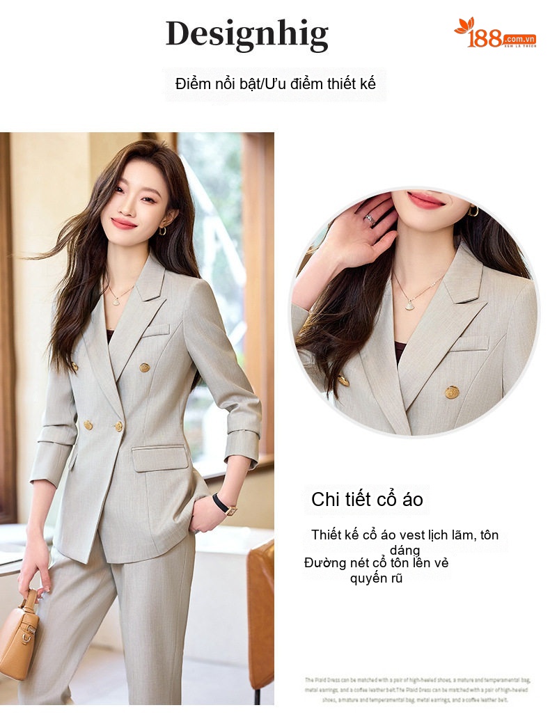 Bộ Vest Công Sở Nữ Dáng Ôm Thanh Lịch Màu Xanh Than, Xám, Trắng, Đen chi tiết 5