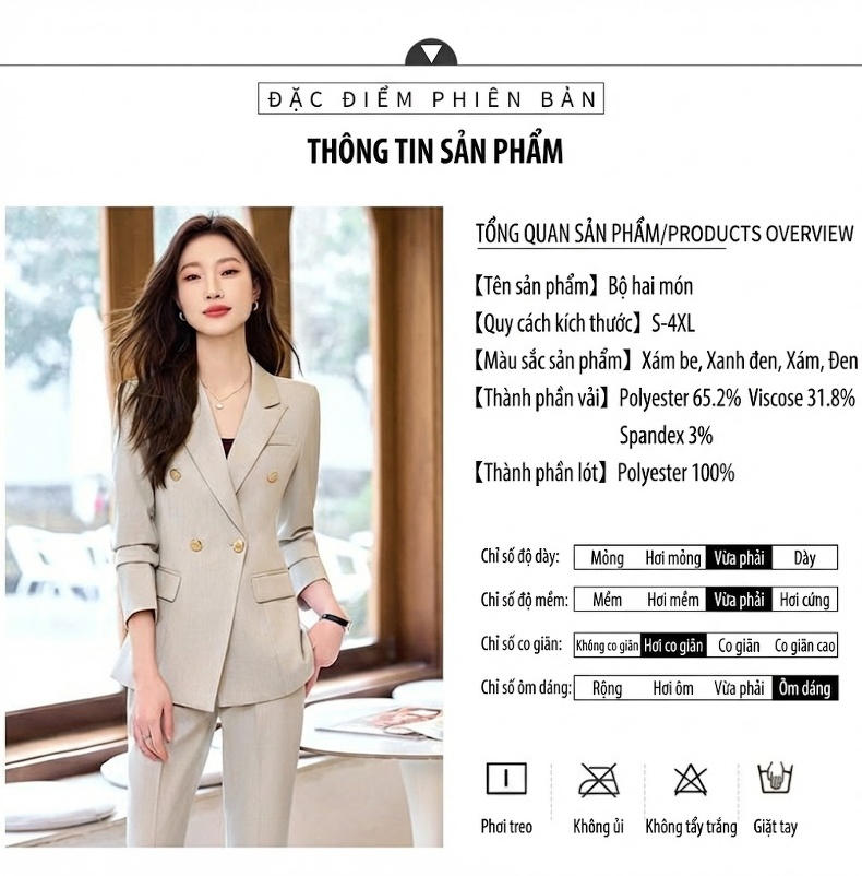 Bộ Vest Công Sở Nữ Dáng Ôm Thanh Lịch Màu Xanh Than, Xám, Trắng, Đen chi tiết 10