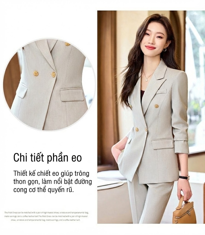 Bộ Vest Công Sở Nữ Dáng Ôm Thanh Lịch Màu Xanh Than, Xám, Trắng, Đen chi tiết 6