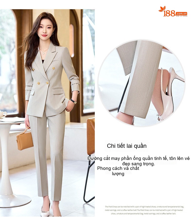 Bộ Vest Công Sở Nữ Dáng Ôm Thanh Lịch Màu Xanh Than, Xám, Trắng, Đen chi tiết 7