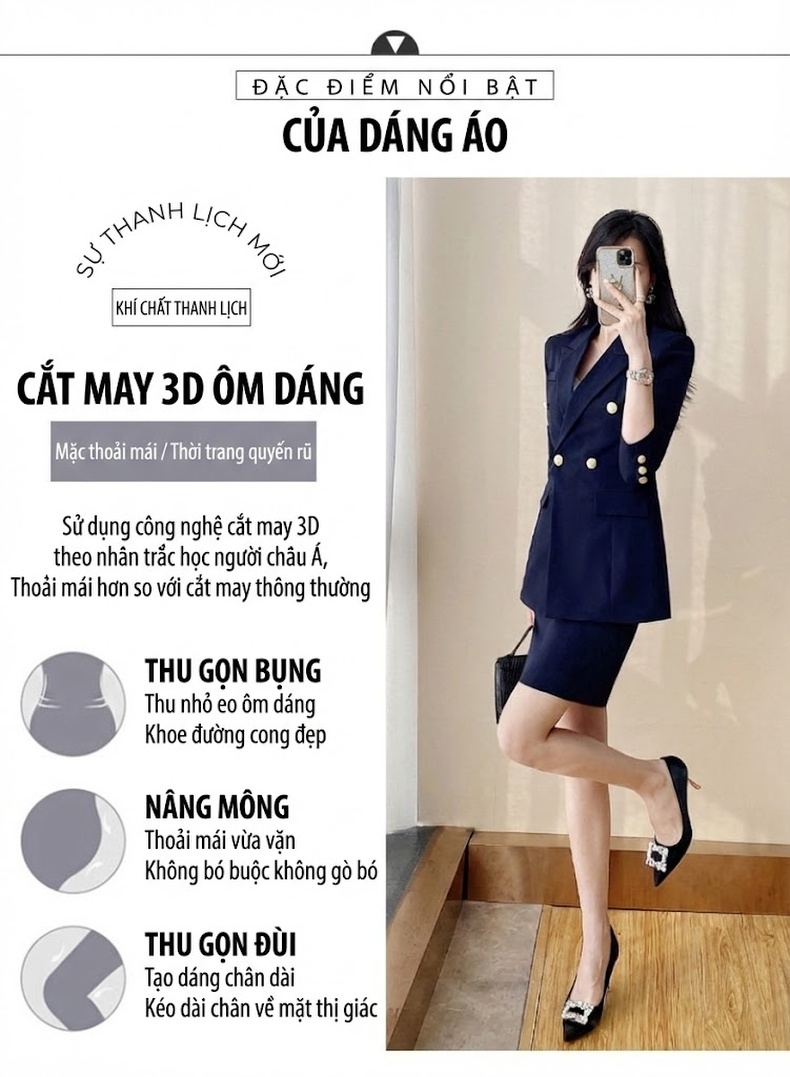 Bộ Vest Công Sở Nữ Dáng Ôm Thanh Lịch Màu Xanh Than, Xám, Trắng, Đen chi tiết 8