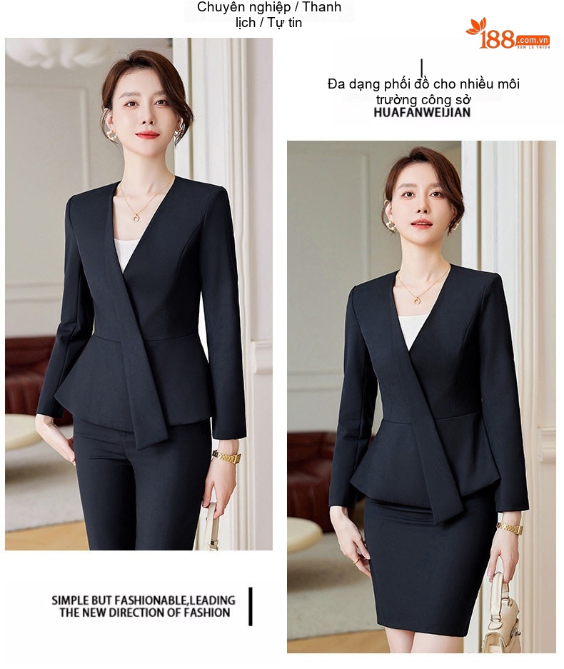 Bộ Vest Công Sở Nữ Dáng Peplum Quần/Chân Váy Màu Xám, Xanh Navy, Đen chi tiết 21