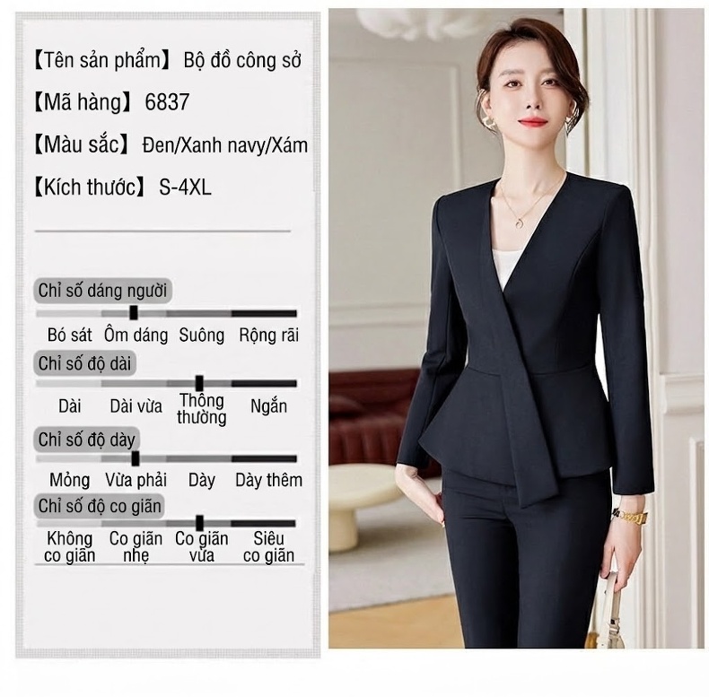 Bộ Vest Công Sở Nữ Dáng Peplum Quần/Chân Váy Màu Xám, Xanh Navy, Đen chi tiết 10