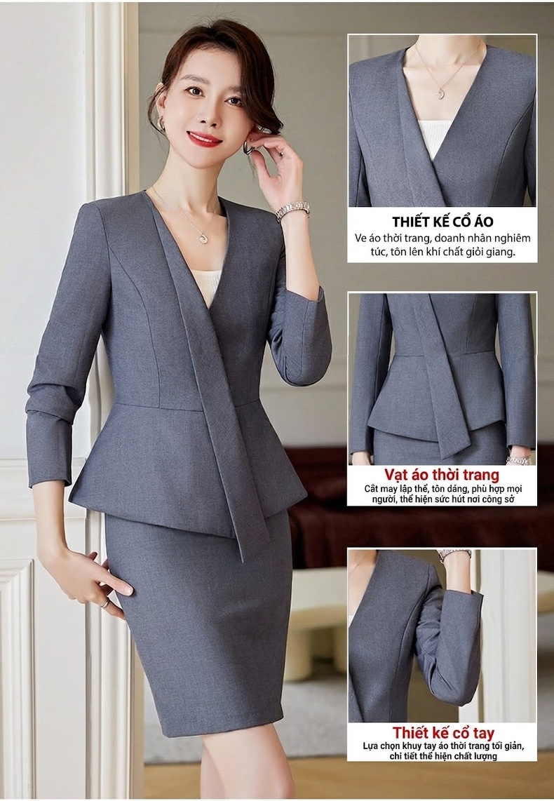 Bộ Vest Công Sở Nữ Dáng Peplum Quần/Chân Váy Màu Xám, Xanh Navy, Đen chi tiết 6