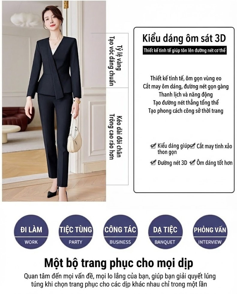 Bộ Vest Công Sở Nữ Dáng Peplum Quần/Chân Váy Màu Xám, Xanh Navy, Đen chi tiết 5