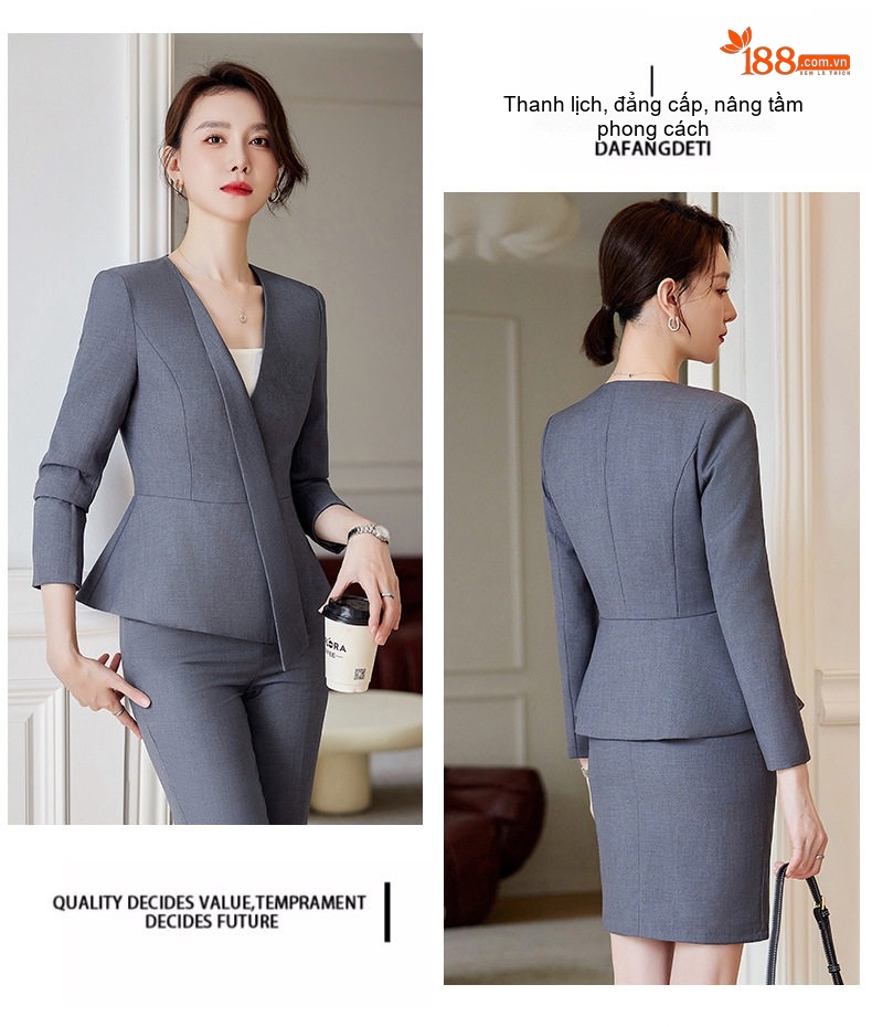 Bộ Vest Công Sở Nữ Dáng Peplum Quần/Chân Váy Màu Xám, Xanh Navy, Đen chi tiết 13