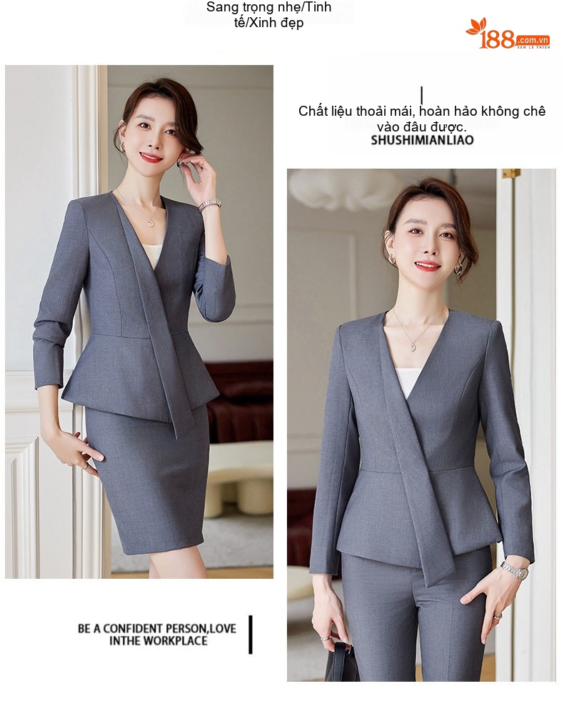 Bộ Vest Công Sở Nữ Dáng Peplum Quần/Chân Váy Màu Xám, Xanh Navy, Đen chi tiết 15